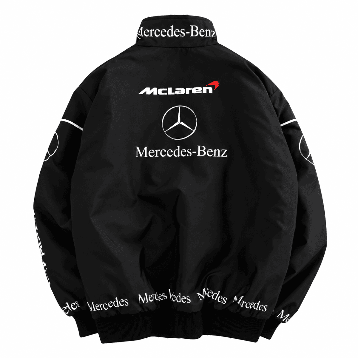 Black Mercedes-Benz branded jacket with logos on back and collar.