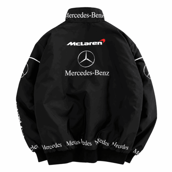 Black Mercedes-Benz branded jacket with logos on back and collar.