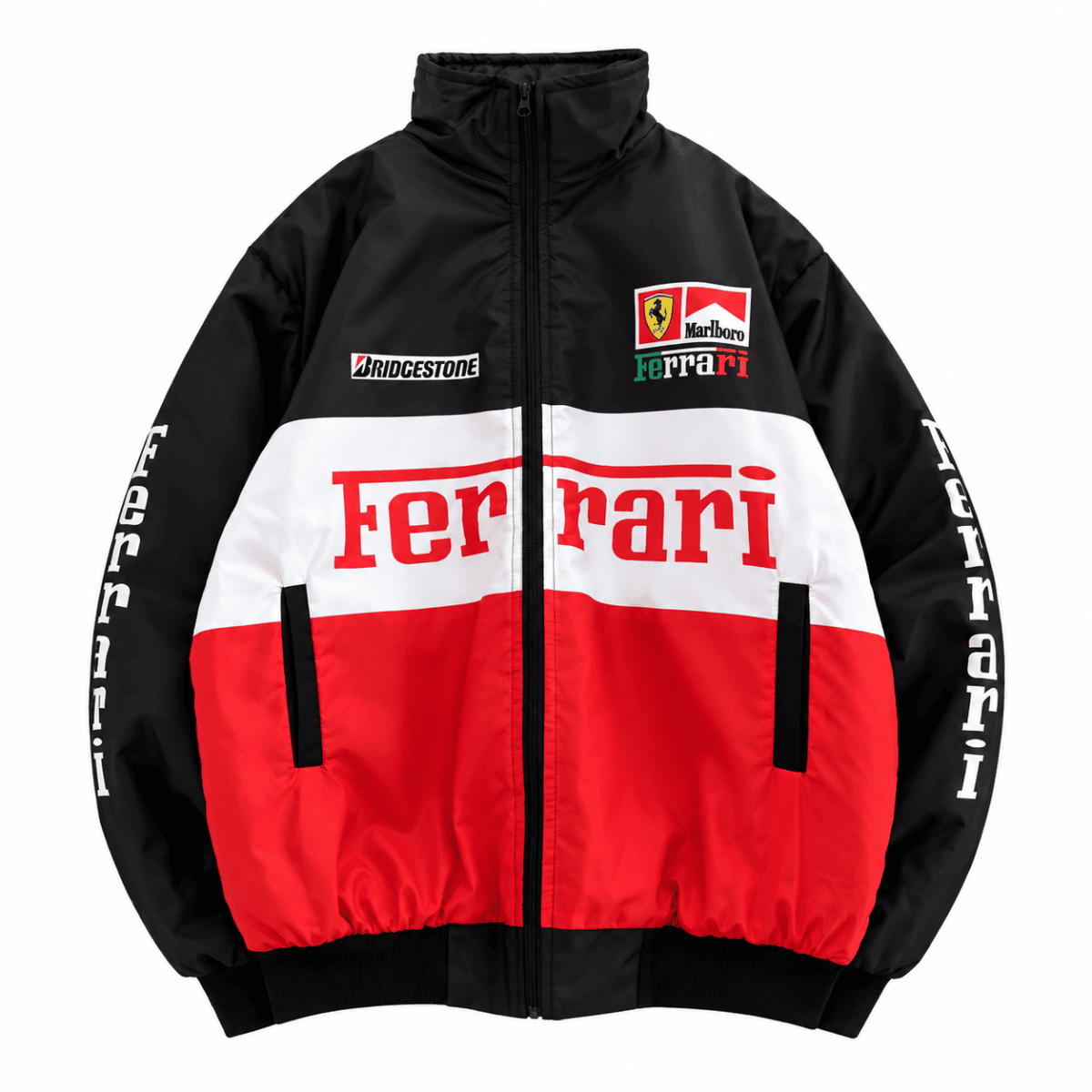 Ferrari racing jacket with black, white, and red colors, sponsor logos, and Ferrari emblem.