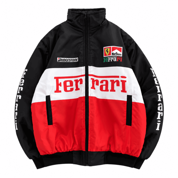 5d983de9-4ef0-4510-8e53-dfee9bc0935a - UAE SPORT STORE Ferrari racing jacket with black, white, and red colors, sponsor logos, and Ferrari emblem.