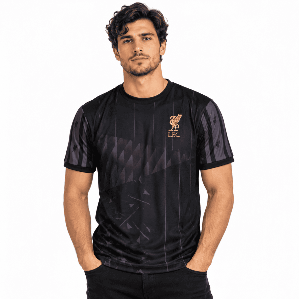 Liverpool FC blackout jersey with gold crest and black design.