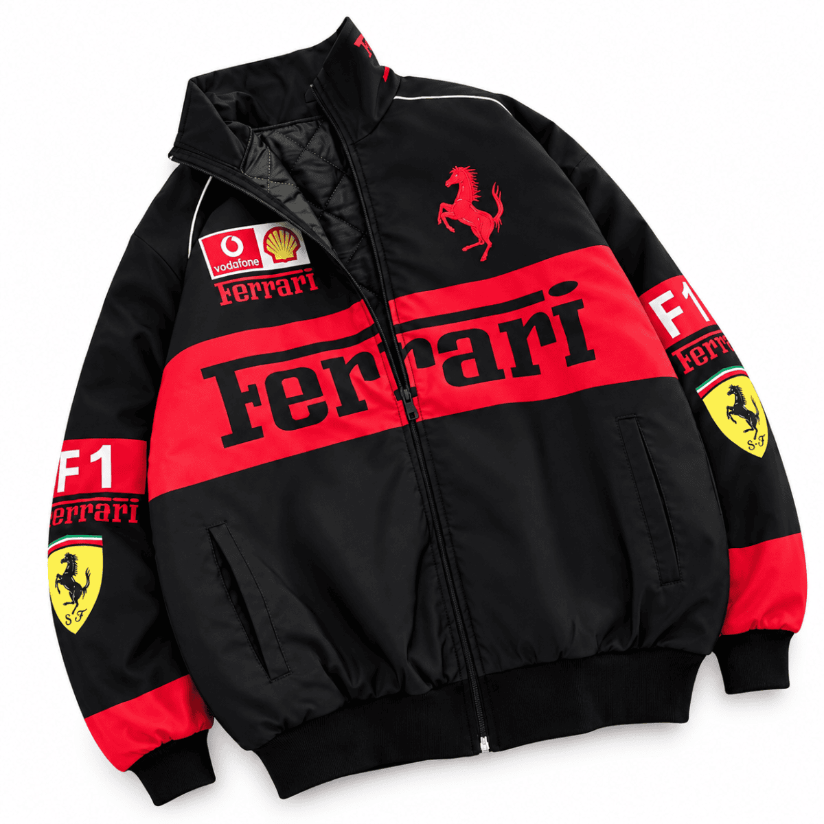 Black and red Ferrari Formula 1 team jacket with logos and Ferrari badge.