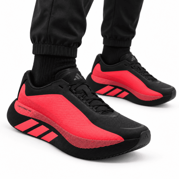 Adidas Hyperboost Edge men's running shoes in black and solar red color.