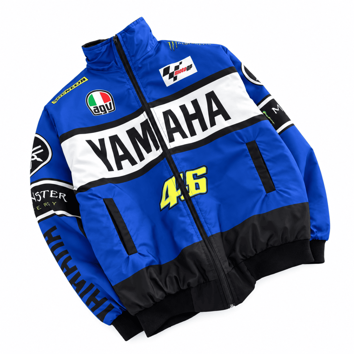 Blue Yamaha MotoGP racing jacket with sponsor logos and number 46.