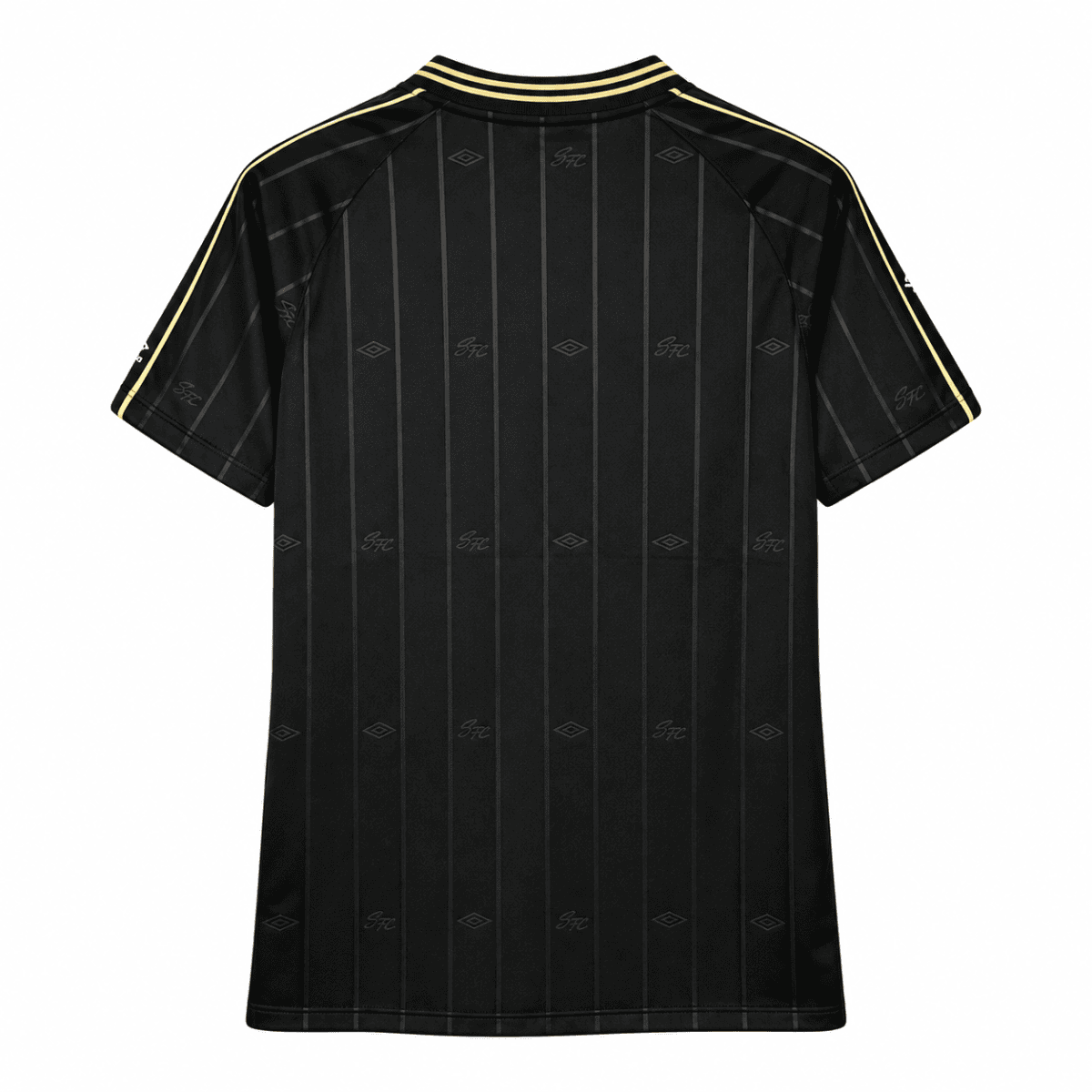 Black Santos jersey with gold accents, back view, season 2025.