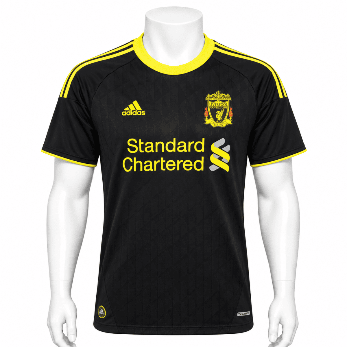 Liverpool third kit 2010/11 black jersey with yellow accents and sponsor logo.