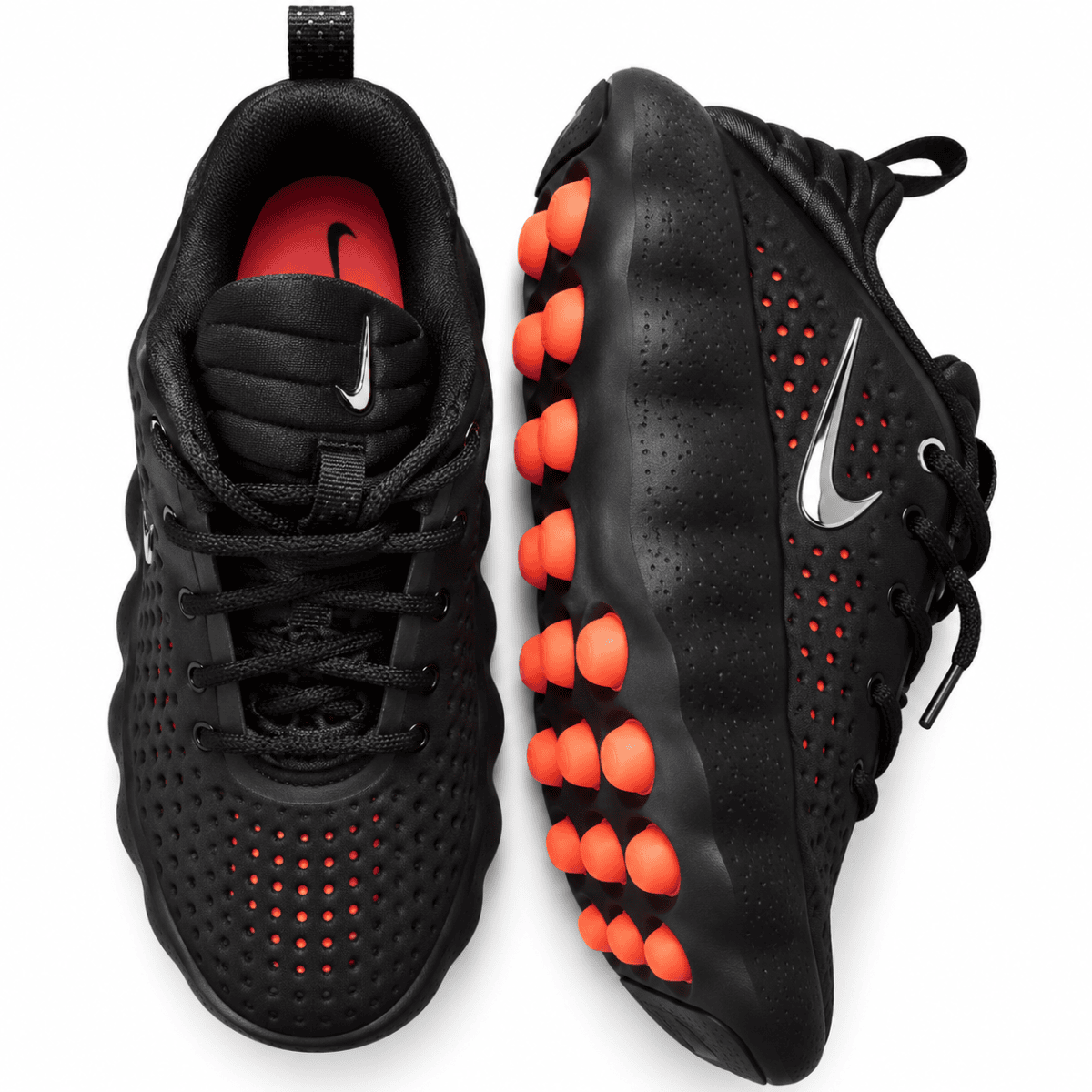 Nike Mind 002 black and hyper crimson running shoes with orange sole details.
