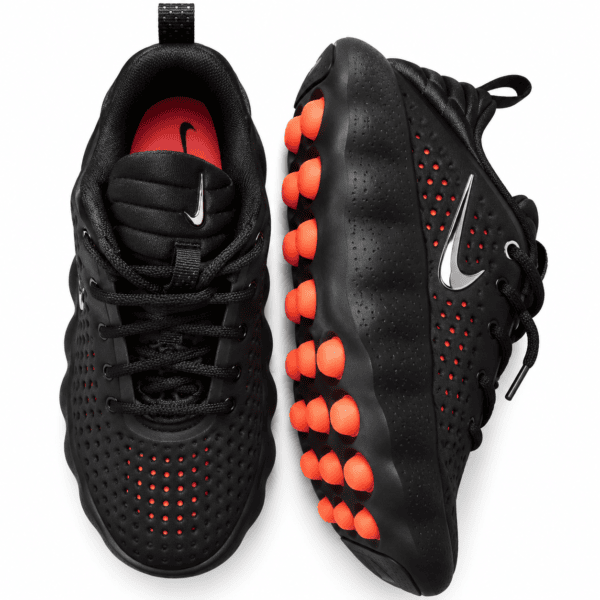 Nike Mind 002 black and hyper crimson running shoes with orange sole details.