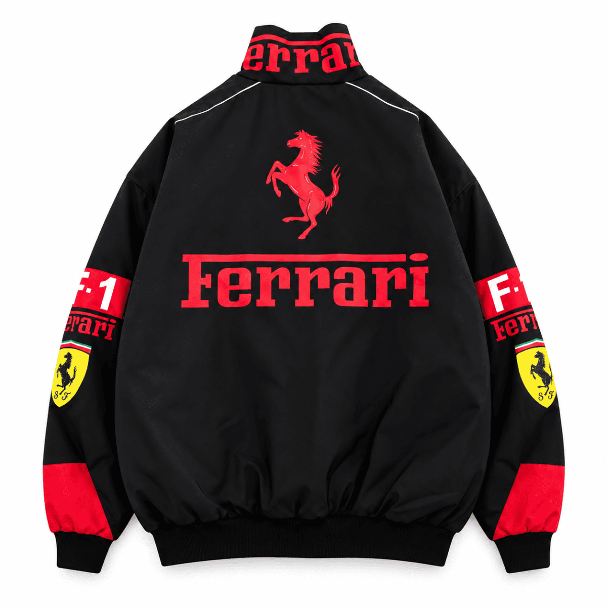 Black Ferrari racing jacket with red logo and yellow shield patches on sleeves.