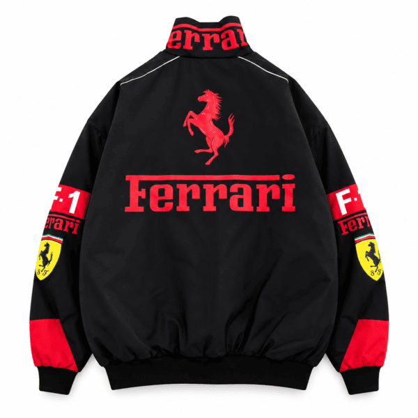 Black Ferrari racing jacket with red logo and yellow shield patches on sleeves.