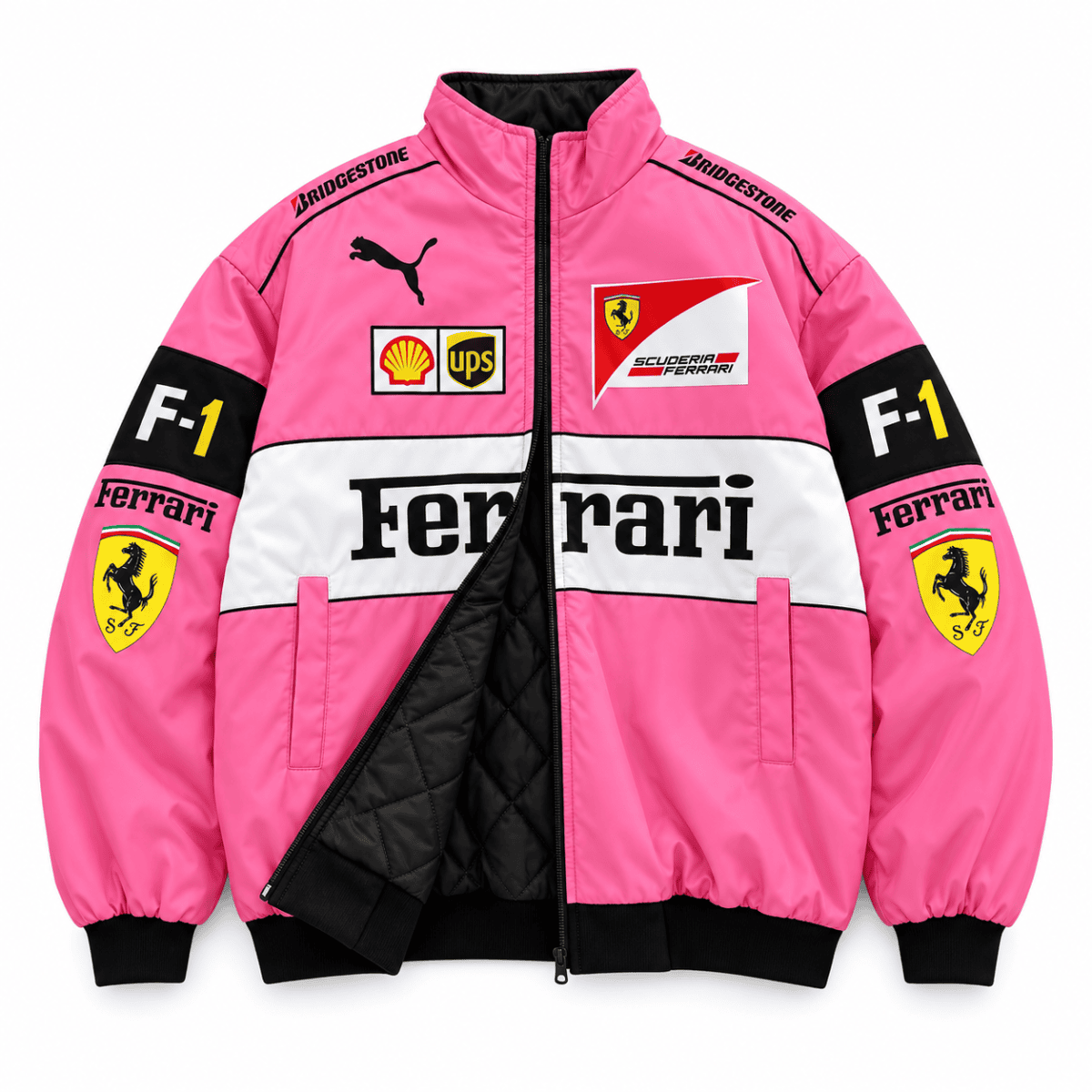 Pink Ferrari F1 team jacket with sponsor logos and team badges.