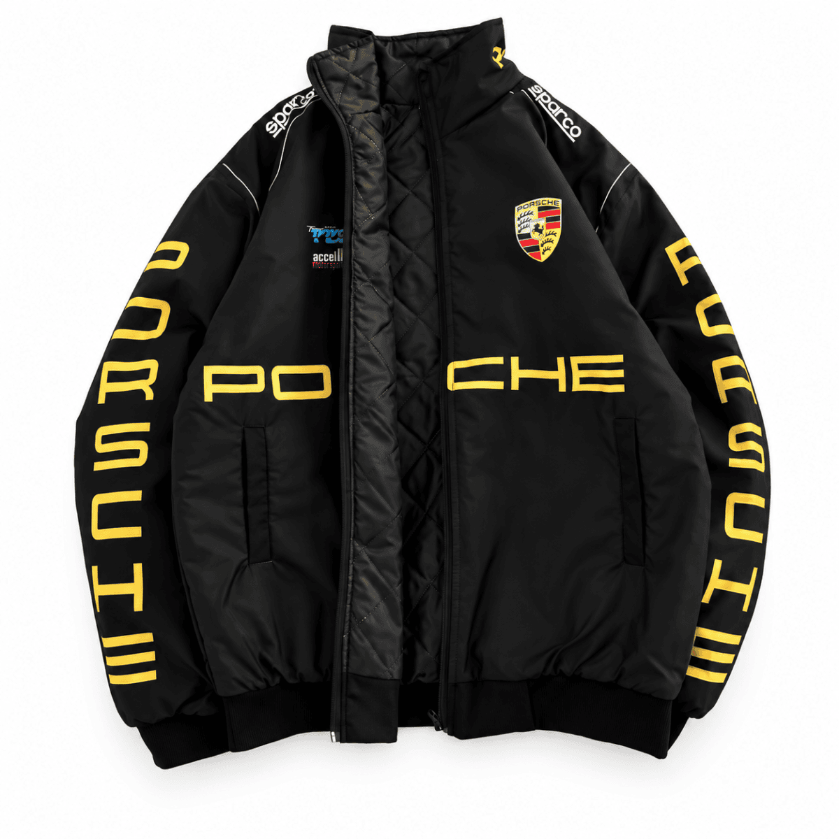 Porsche Motorsport black jacket with yellow logo and text, long sleeves, front zipper.