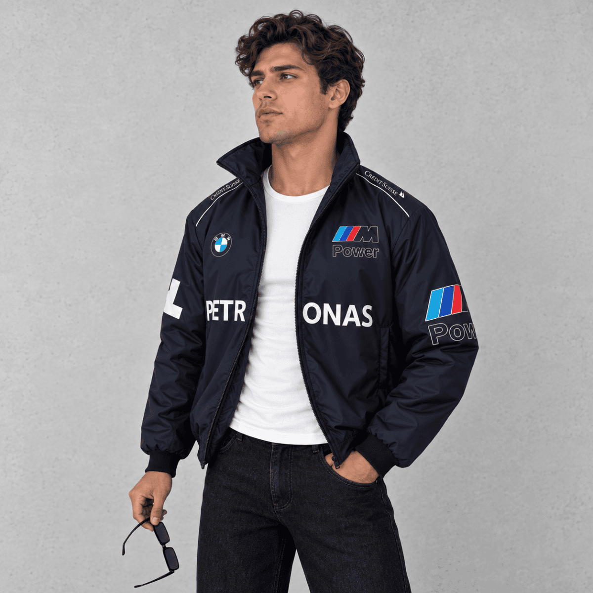 BMW M Power jacket with logos and sponsor details, navy blue color, men's style.