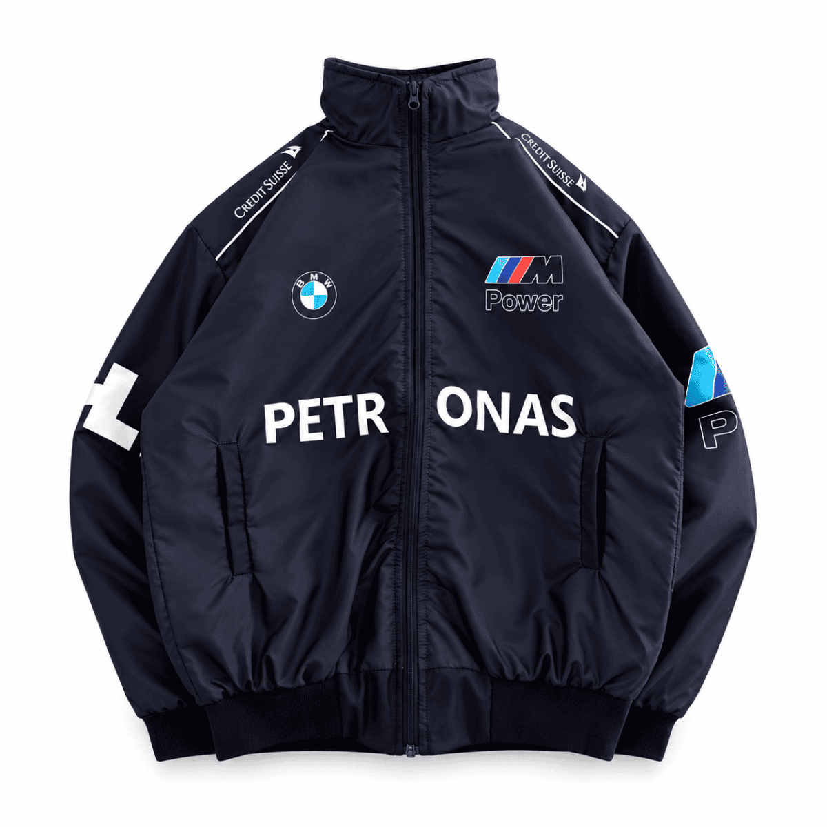 BMW M Power racing jacket with sponsor logos and name PETRONAS on front.