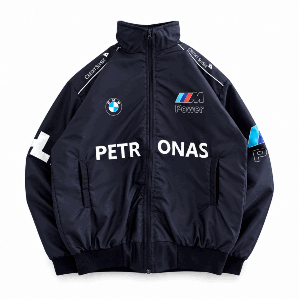 BMW M Power racing jacket with sponsor logos and name PETRONAS on front.