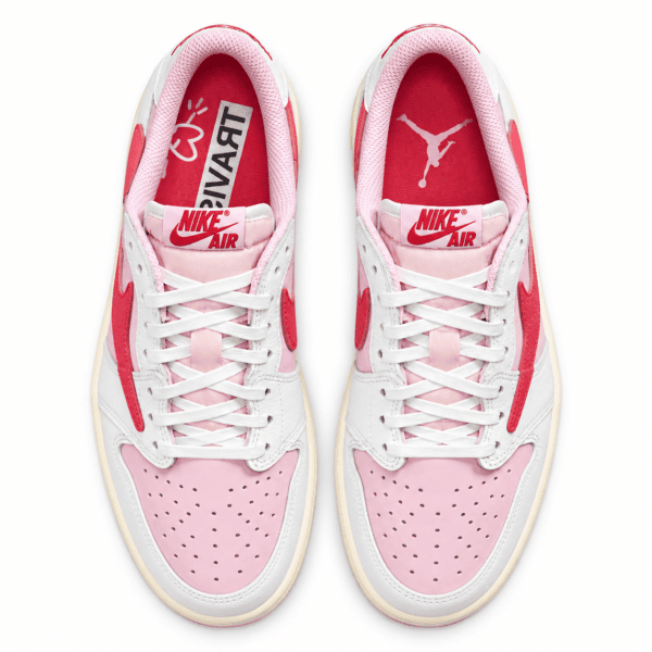 Air Jordan 1 Low Travis Scott Shy Pink Tropical Pink sneakers for women.