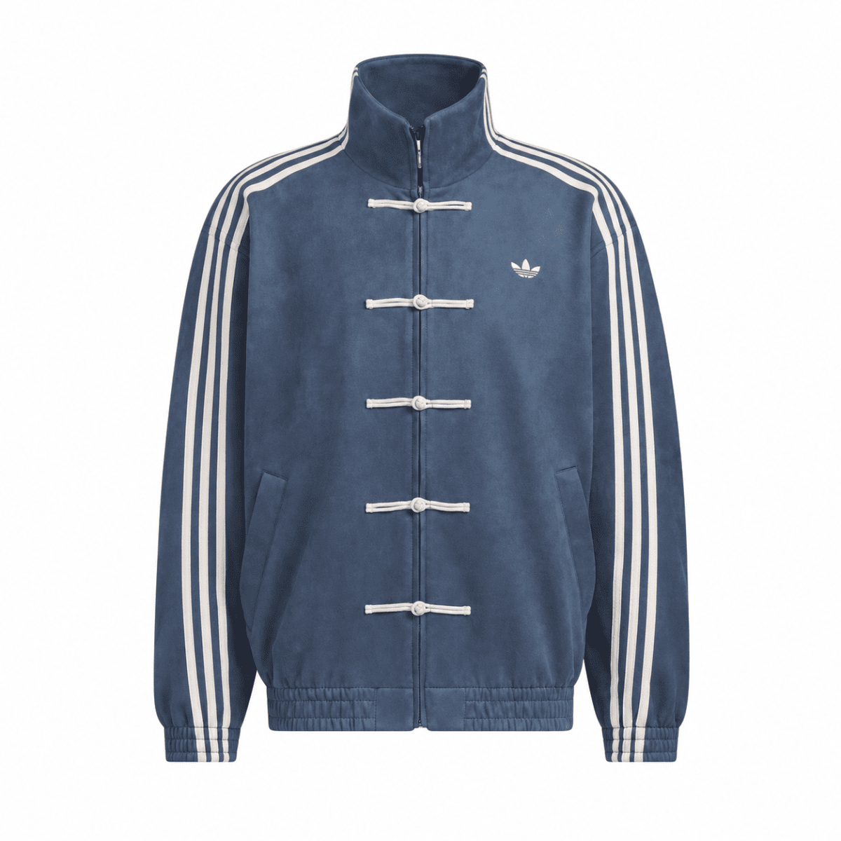 Blue Adidas track jacket with white stripes and logo on chest.
