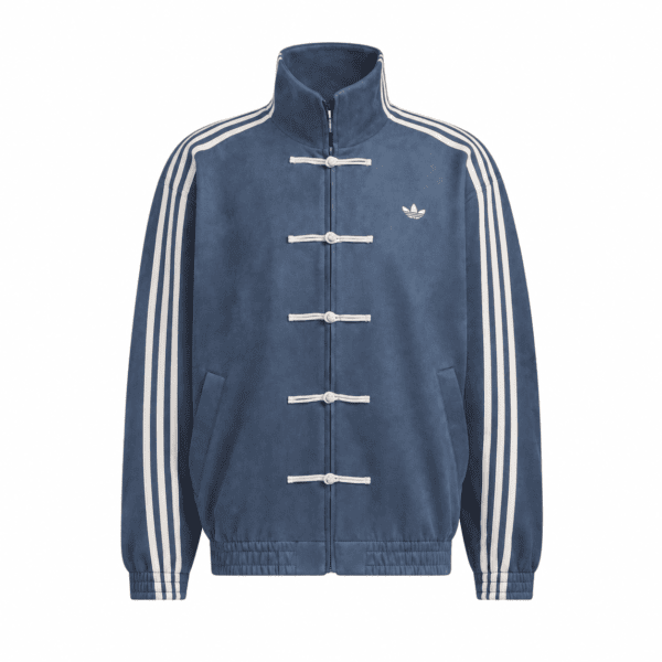 755fa9e1-f847-4ddc-9778-c1e8cb1b22da - UAE SPORT STORE Blue Adidas track jacket with white stripes and logo on chest.
