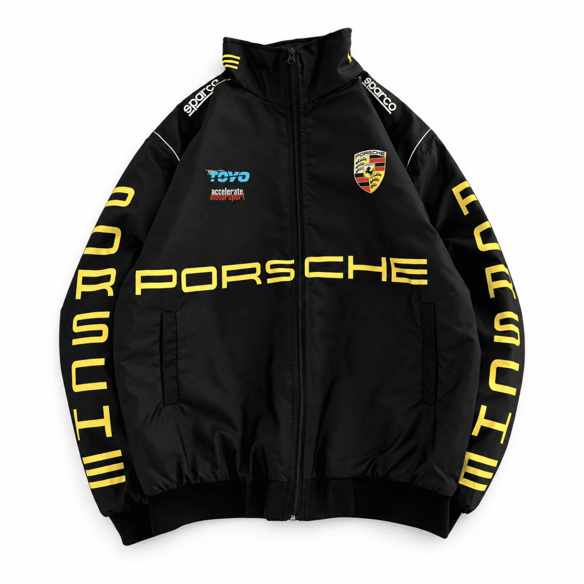 Black Porsche racing jacket with yellow logo and sponsor details.