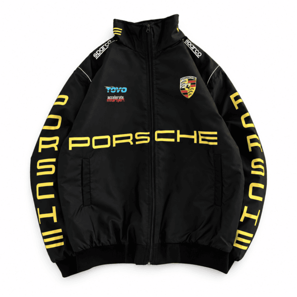 Black Porsche racing jacket with yellow logo and sponsor details.