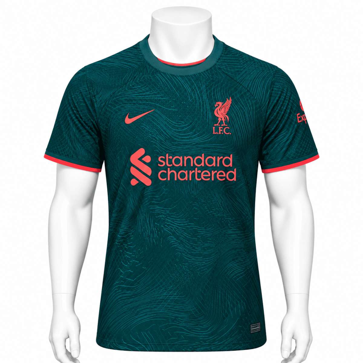 Liverpool third kit 2022/23 jersey in teal with red logos and accents.