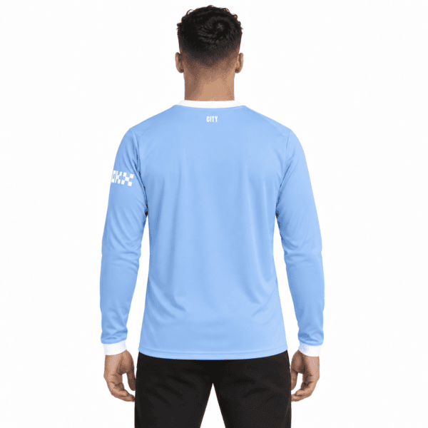 Man City home long sleeve jersey 2026/27 in light blue, back view.