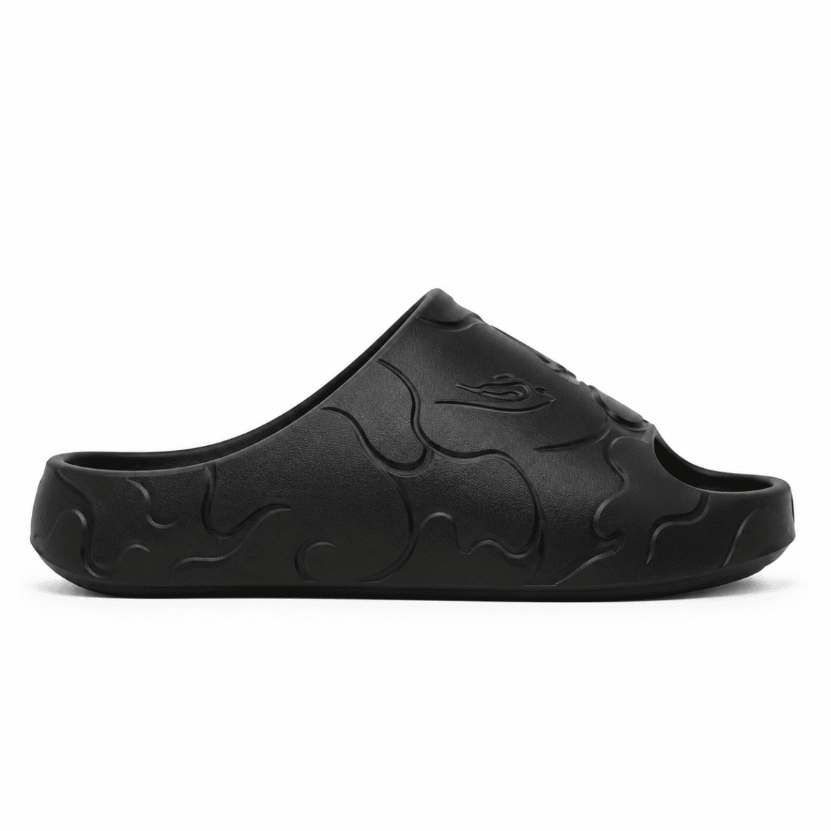 Black BAPE Slides with flame design and logo on the strap.