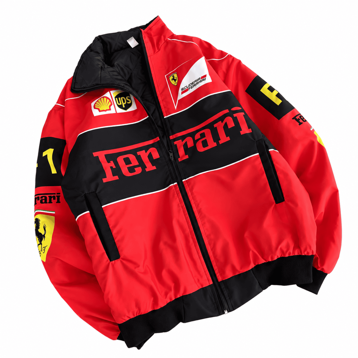 Red and black Ferrari Formula 1 team jacket with sponsor logos and team badge.