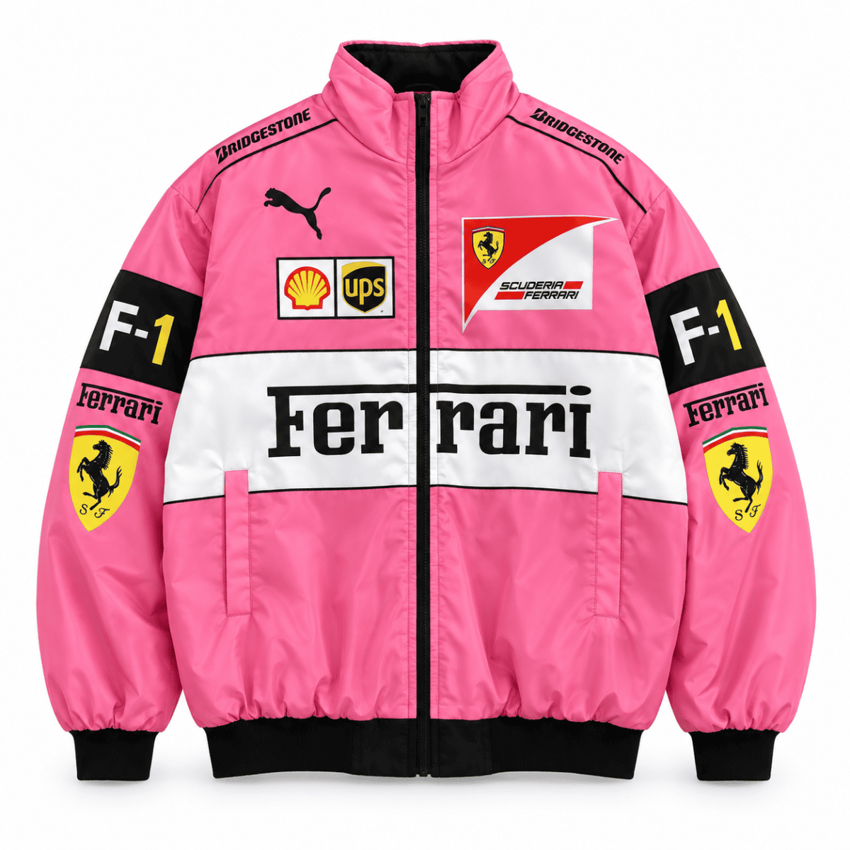 Pink Ferrari Formula 1 team jacket with sponsor logos and black cuffs.