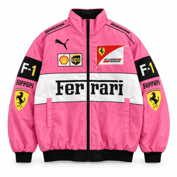 7e3cab16-81fb-4703-9b68-df6158081fdb - UAE SPORT STORE Pink Ferrari Formula 1 team jacket with sponsor logos and black cuffs.