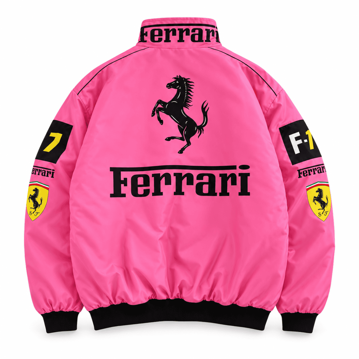 Pink Ferrari Formula 1 team jacket with black logos and patches.