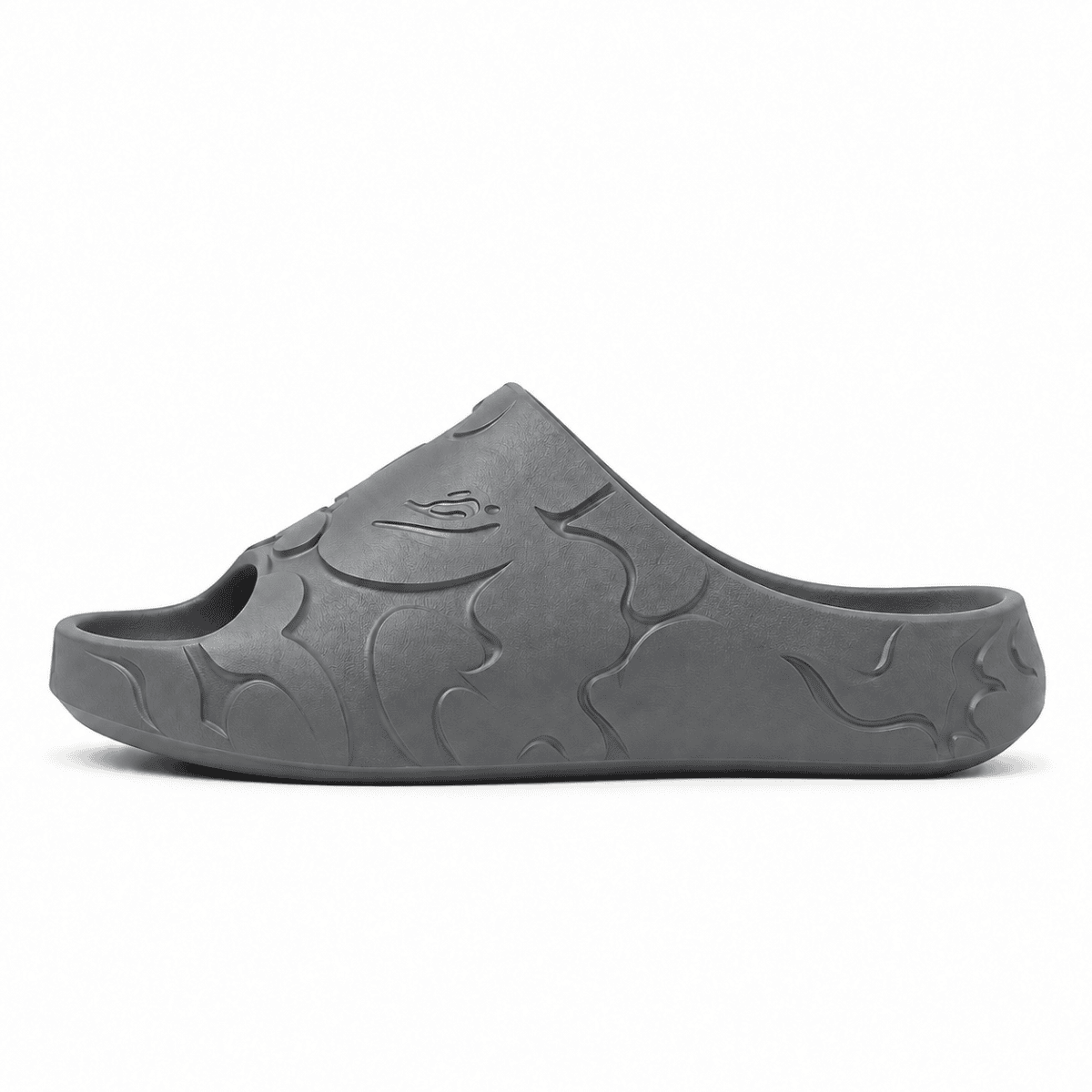 Grey Bape Slides with camouflage pattern and logo detail.