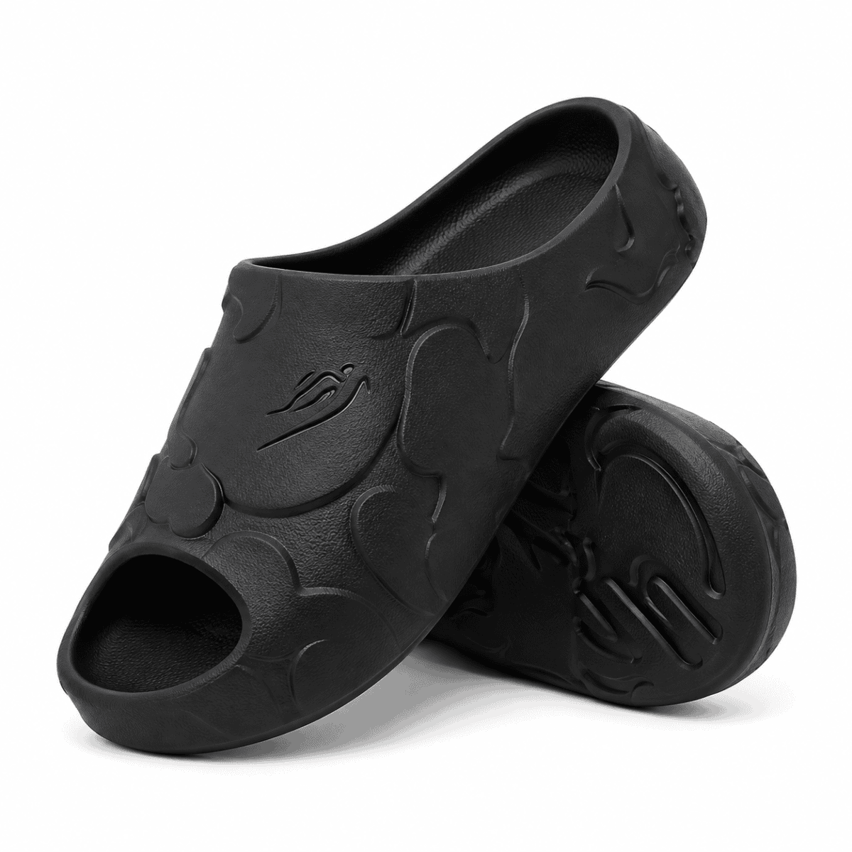 Black BAPE slides with shark design and logo on top.