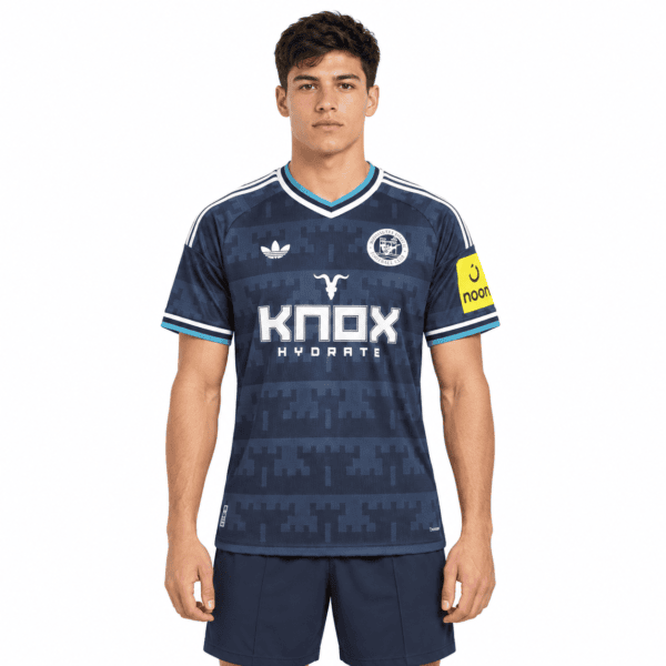 Newcastle United away football jersey 2026/27 season in blue with sponsor logo.