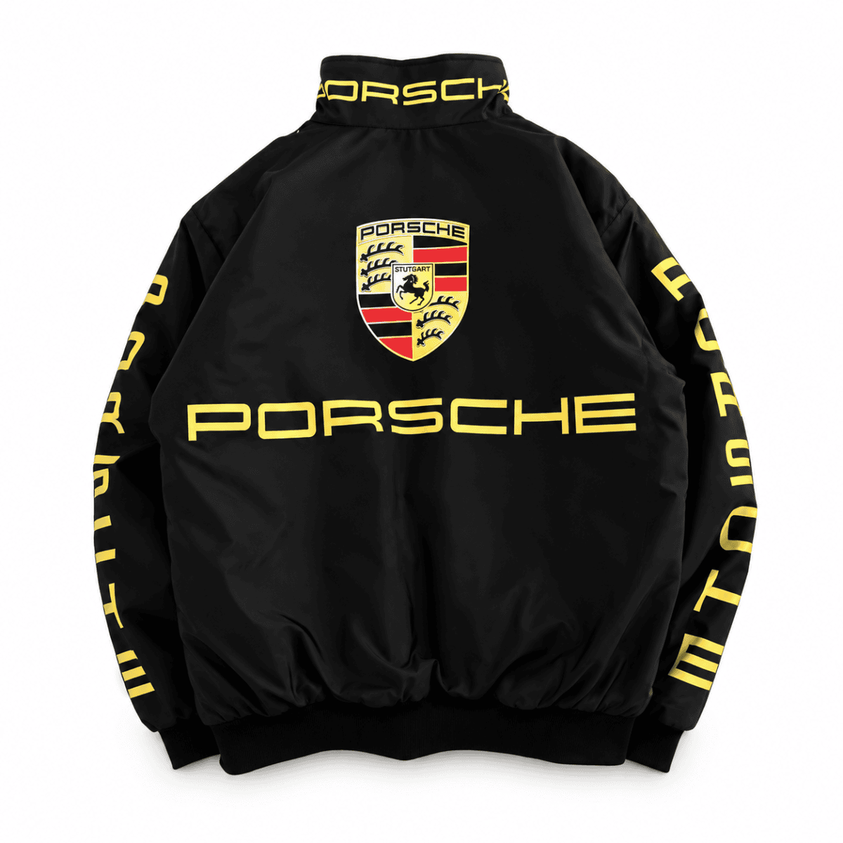 Black Porsche sports jacket with yellow logo and text, long sleeves, front view.