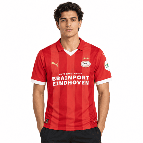 PSV Eindhoven home football jersey 23/24 season red with white accents.