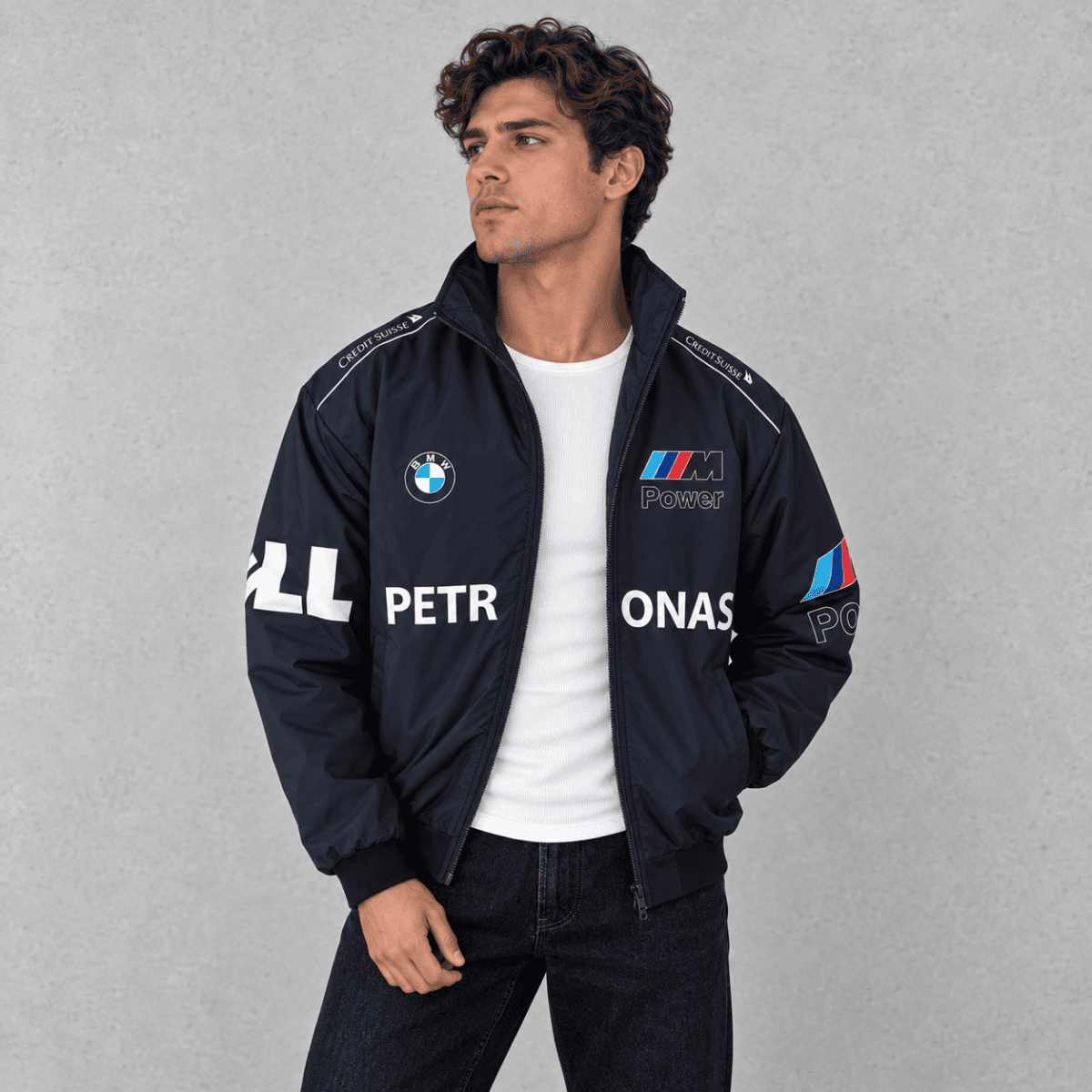Men's BMW M Power jacket with sponsor logos and blue color.