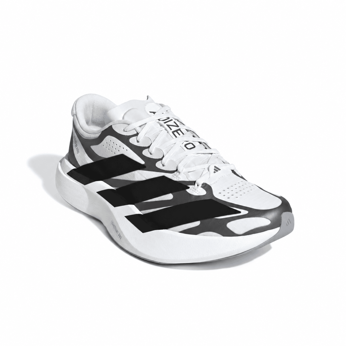 Adidas Adizero Evo SL EXO trainers in white and black on white background.