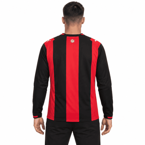 AC Milan home long sleeve jersey 2026/27 with red and black vertical stripes.