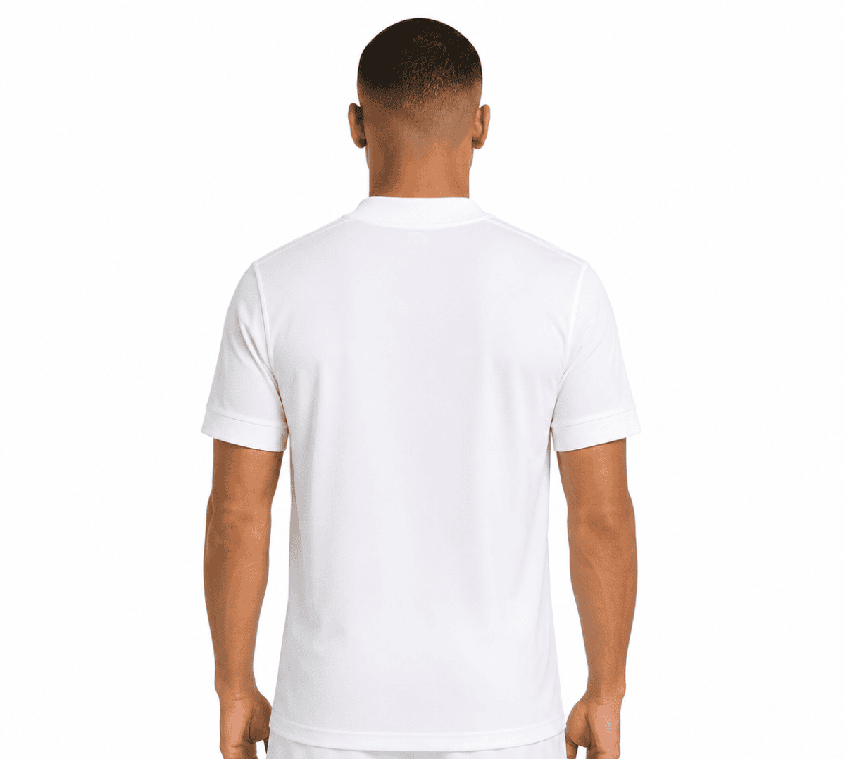 Back view of a man wearing a plain white football jersey.