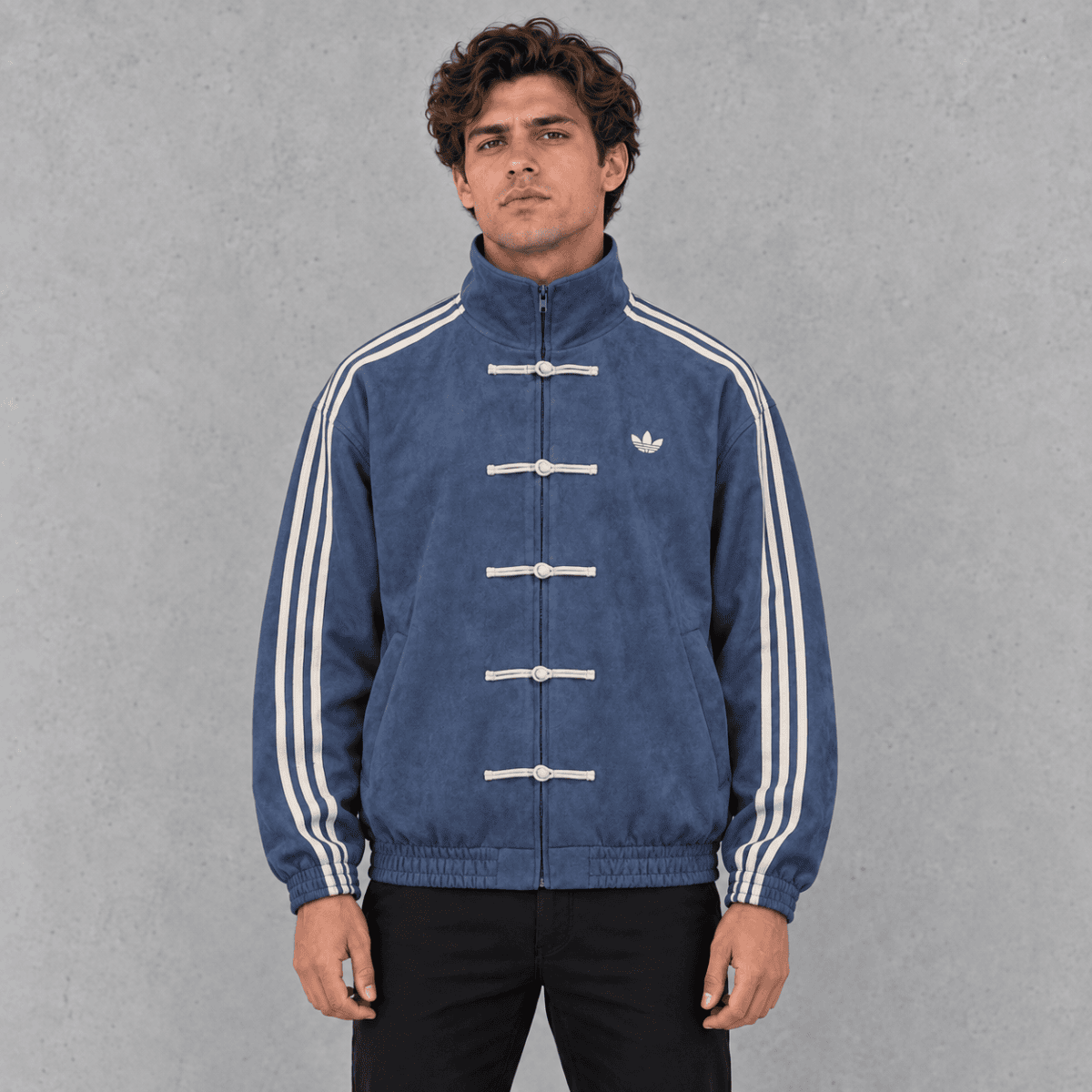 Man wearing blue Adidas track jacket with white stripes on sleeves.
