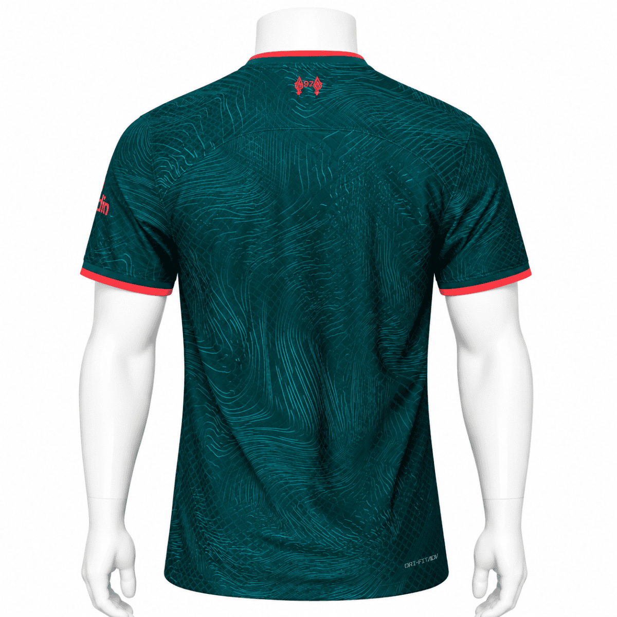 Liverpool third kit jersey 2022/23 with teal and red accents, back view.