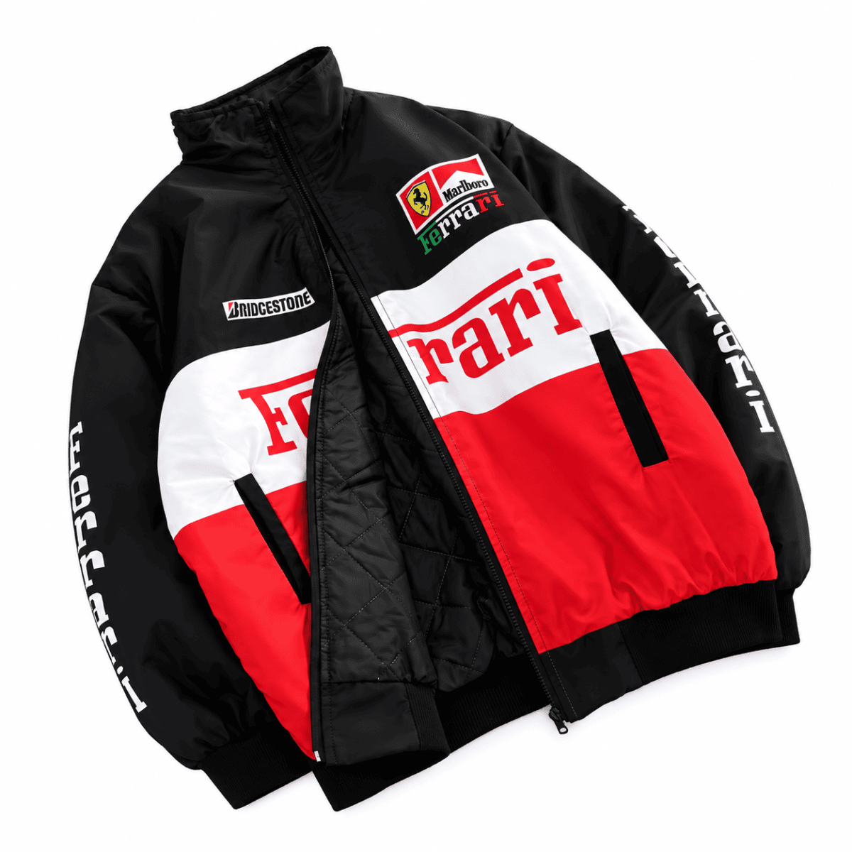 Ferrari Formula 1 team jacket with black, red, and white colors, sponsor logos.