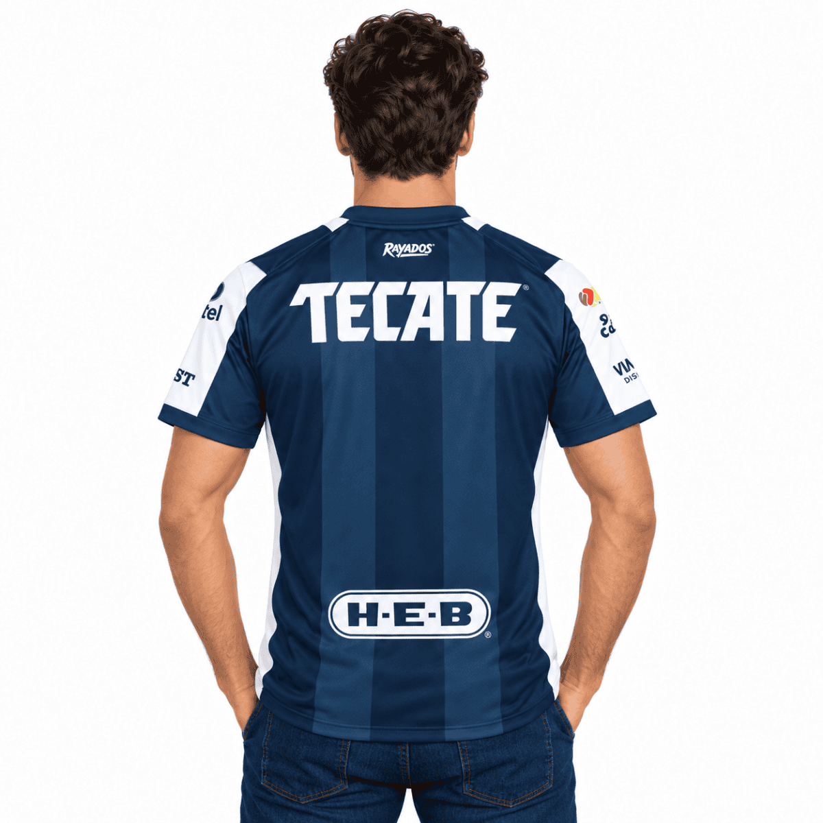 Rayados Monterrey home jersey with blue and dark blue vertical stripes, sponsor logos, and 'TECAT'.