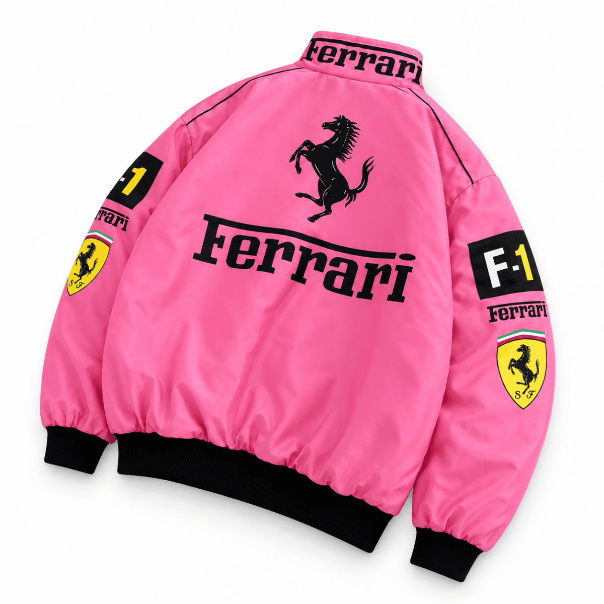 Pink Ferrari racing jacket with black and yellow Ferrari logos and black cuffs.