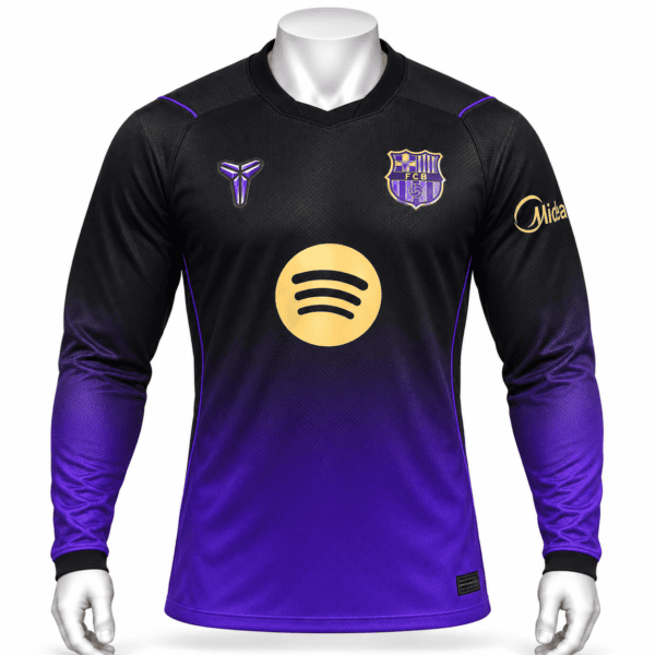 Barcelona away long sleeve jersey 2026/27 with black and purple design and club crest.