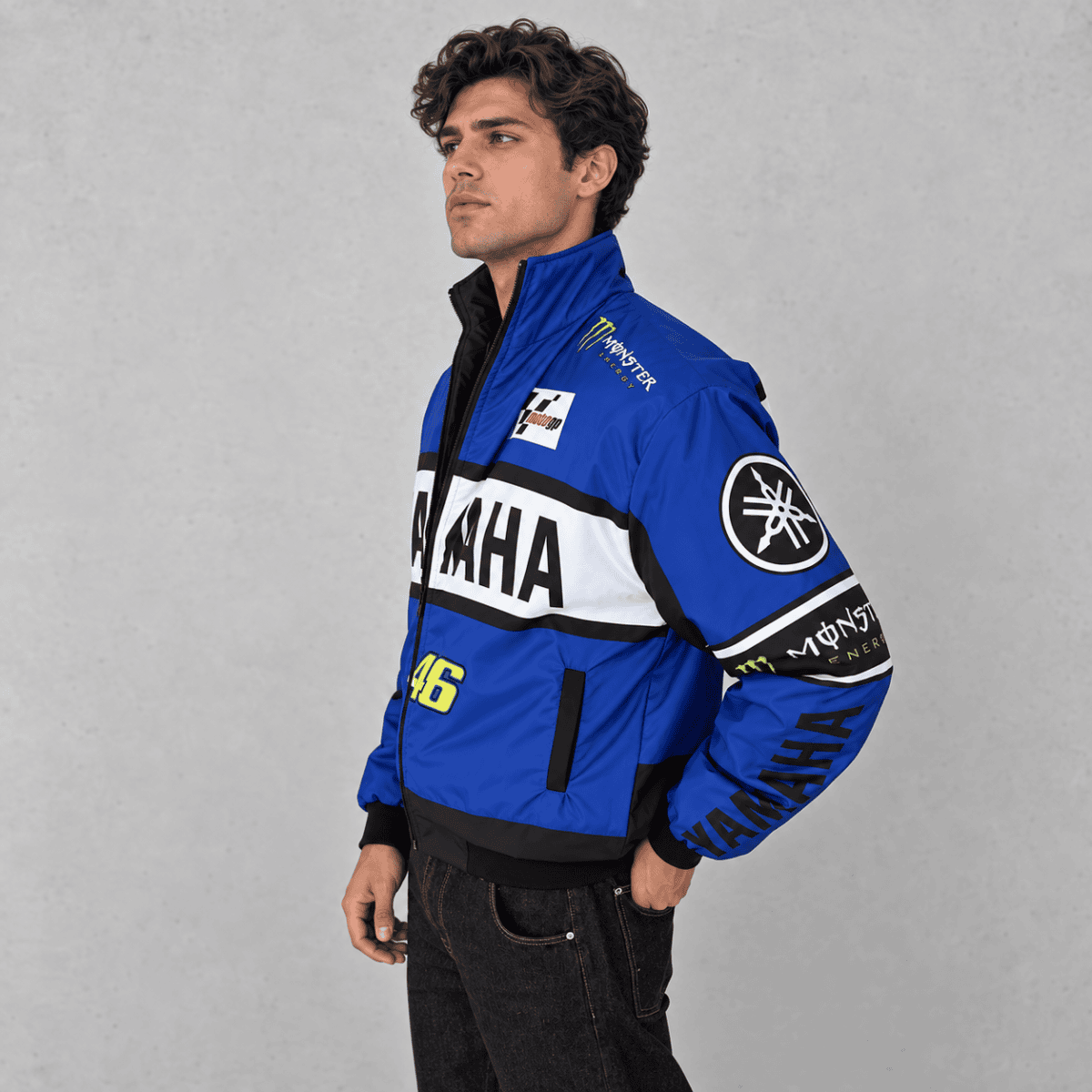 Yamaha Yamaha Racing blue and black jacket with logo and patches.