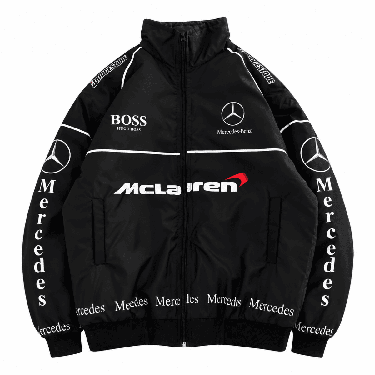 Black Mercedes-Benz branded sports jacket with white logos and accents.