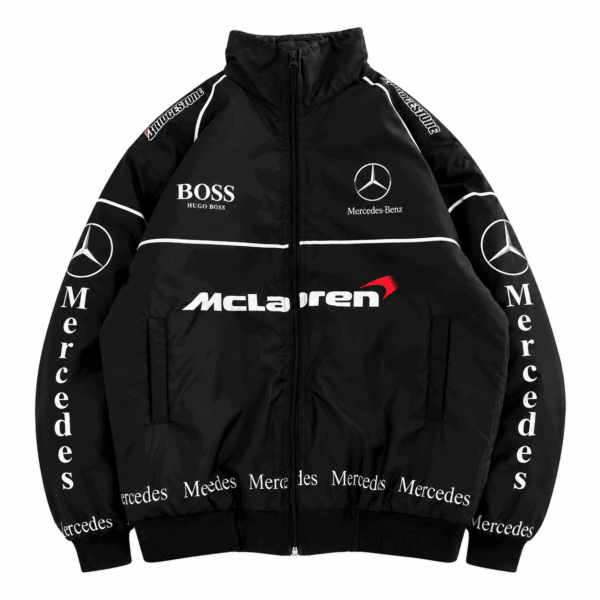 Black Mercedes-Benz branded sports jacket with white logos and accents.