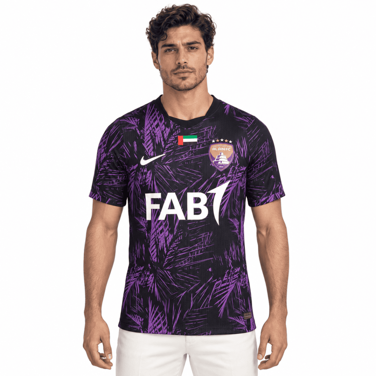 Al Ain FC away football jersey with purple and black pattern, FAB1 sponsor logo.